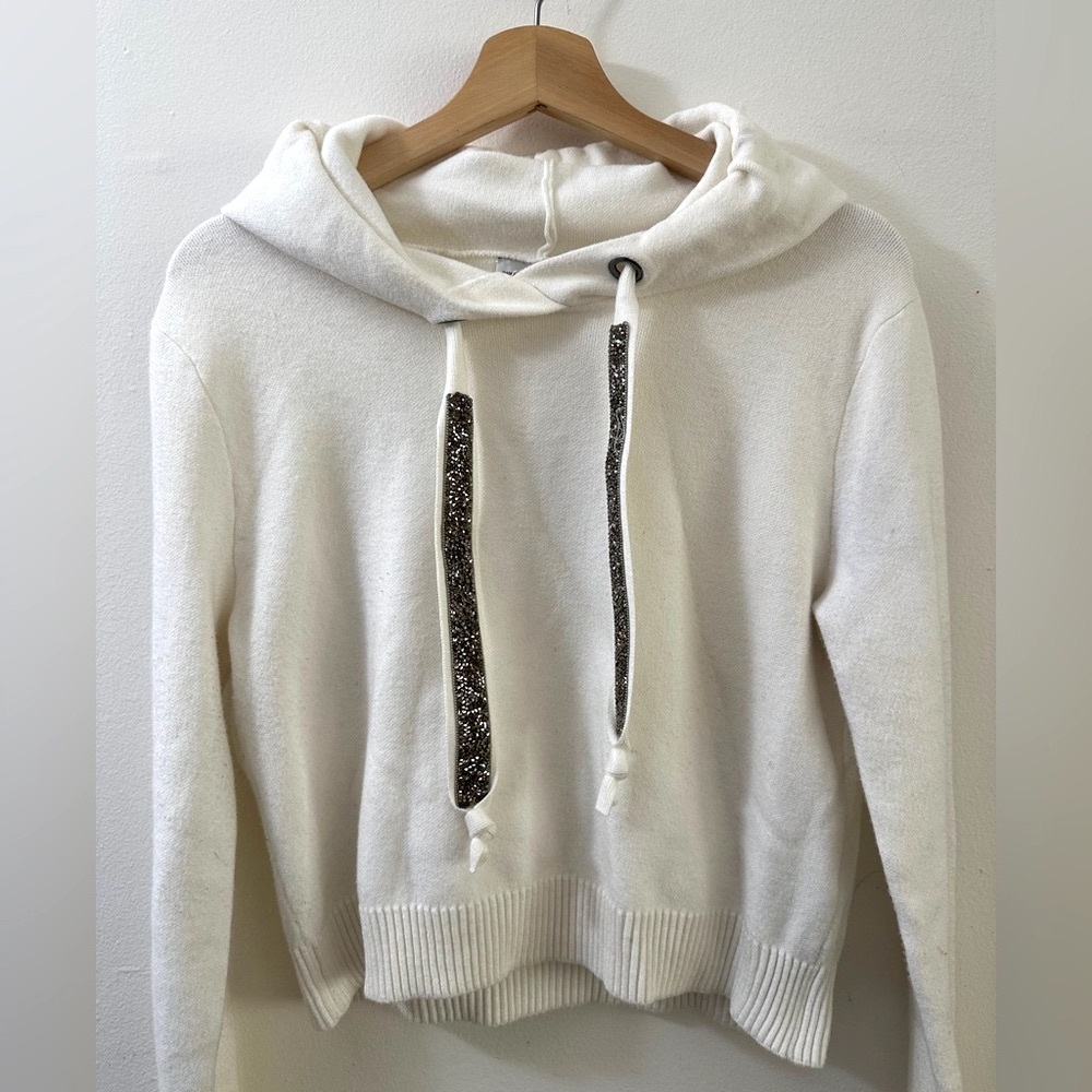 ZARA Black Crystal Glitter Drawstring White Sweater SIZE SMALL Glitzy Extra Wide